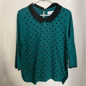 ELLE Classic Lightweight Sweater Polka Dots & Removable Collar Teal Black Sz XL